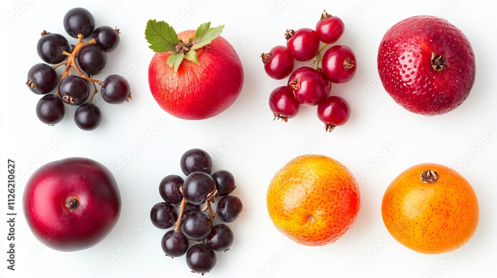 Fruits and berries isolated on white background, top view Fruits and berries isolated on white background, top view