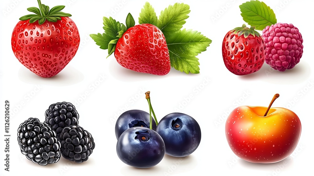 Fruits and berries isolated on white background, top view, Fruits and berries isolated on white background, top view,