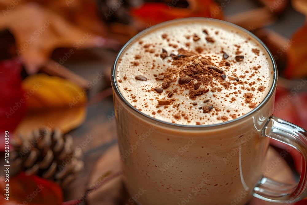 Autumn-Themed Cinnamon Coffee with Foamy Top and Fall Decorations Autumn-Themed Cinnamon Coffee with Foamy Top and Fall Decorations