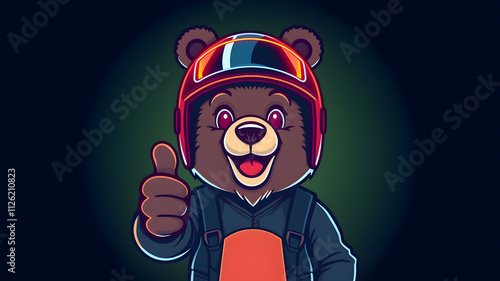 Neon avatar vector-style image of a cute bear with a motorcycle helmet gives a thumbs up. Generative AI photo