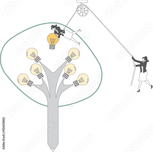 Creative Pencil Tree, Inspiration Sapling, Fruit of Inspiration, Source of Inspiration, Businesswoman Picking Light Bulbs from Creative Pencil Tree