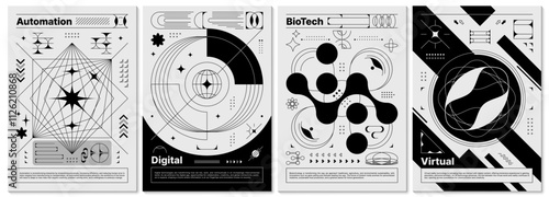 Brutalism y2k posters, abstract geometric shapes and retro elements. Vector line graphic posters with trendy brutalism figures and aesthetic minimalist symbols of stars, globes, arrows and flowers