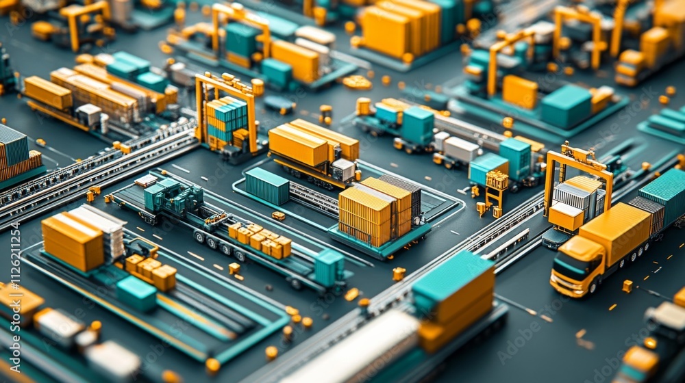 3D rendering of futuristic warehouse with colorful containers, trucks, cranes and forklifts in cityscape backdrop.