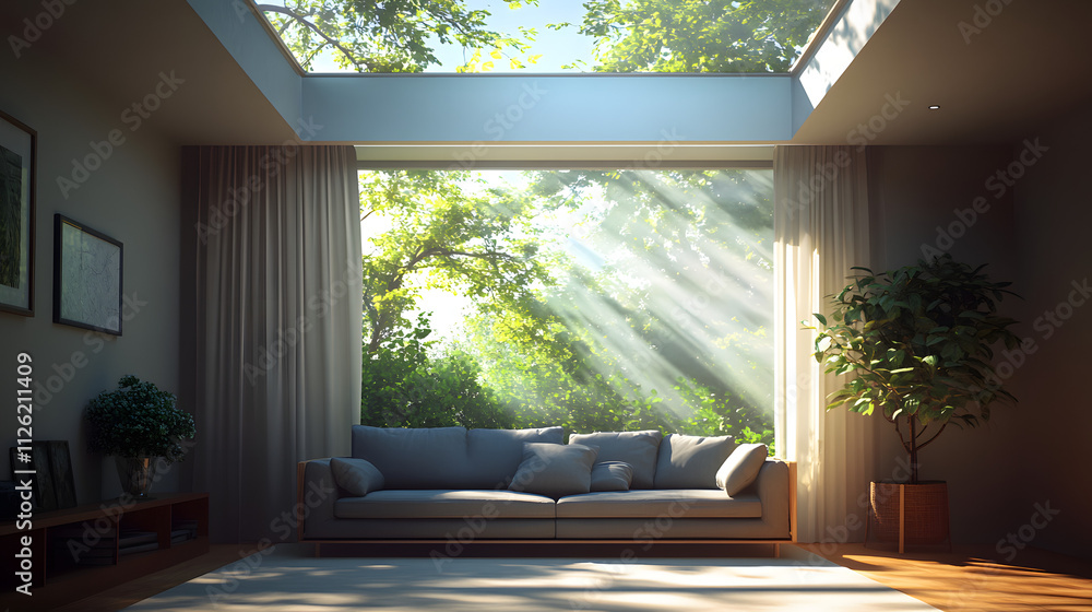 Cozy living room with natural light and greenery illuminating the space Cozy living room with natural light and greenery illuminating the space