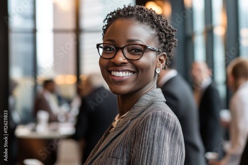 A woman wearing glasses and a jacket is smiling at the camera