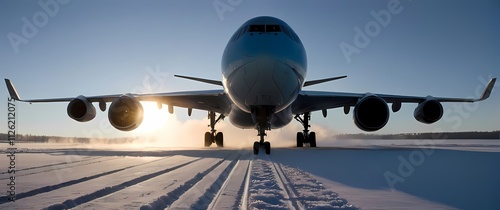 Landed jumbo jet on a snowy runway the jet glistening under a low winter sun snowflakes sparkling as they reflect soft warm light