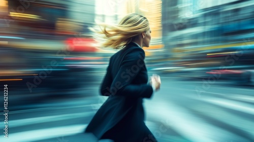 business woman hurry up and running in business city street for rush hour as motion blur