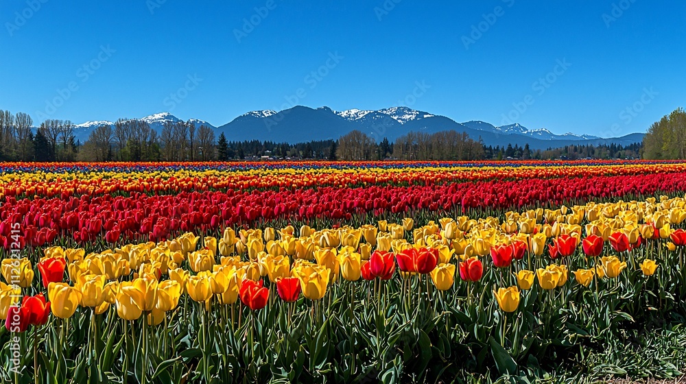 Vibrant rows of red, yellow, and orange tulips blooming in a field with snow-capped mountains in the background under a clear blue sky. Vibrant rows of red, yellow, and orange tulips blooming in a field with snow-capped mountains in the background under a clear blue sky.