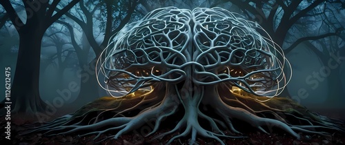 Network of intertwined tree roots in the shape of a brain symbolizing deeply rooted thoughts and interconnected ideas photo