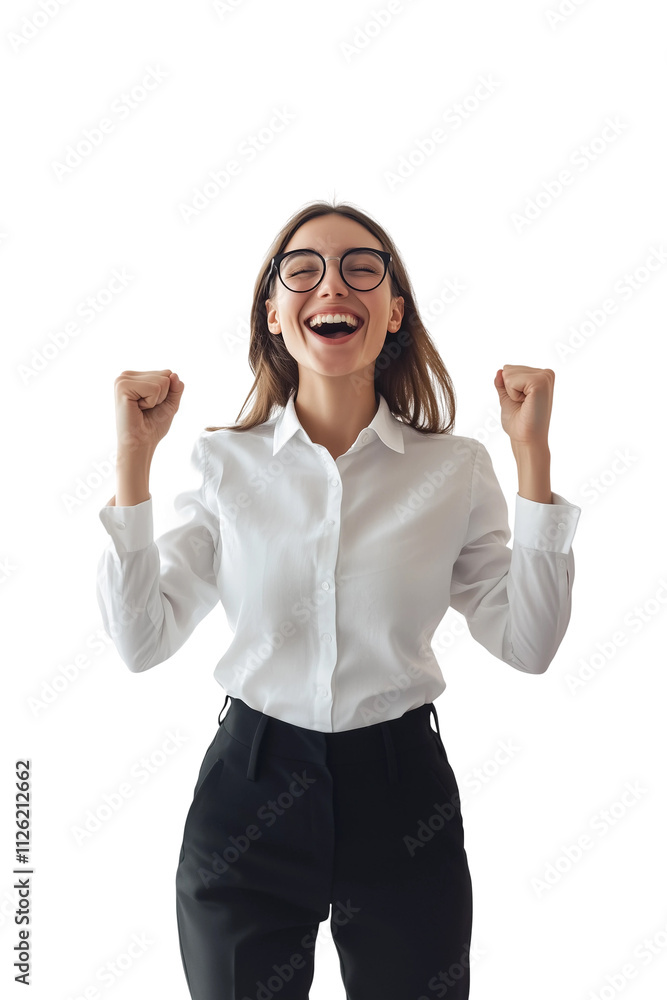 woman in professional attire,hands raised and cheering for victory ,copy space,web banner. woman in professional attire,hands raised and cheering for victory ,copy space,web banner.