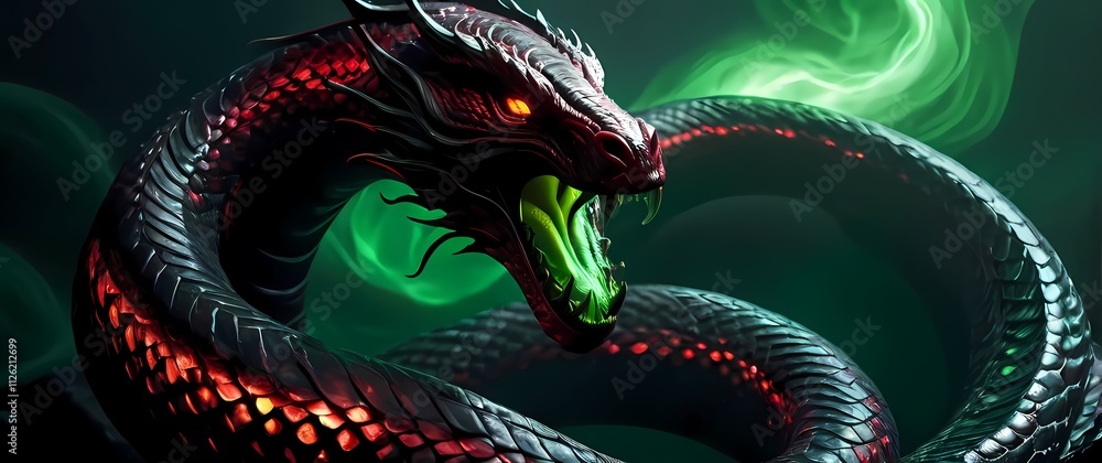 Obraz premium Oilpainting of Apophis the chaos serpent coiling through a black void with scales painted in gleaming shades of crimson shadowy black and poisonous green