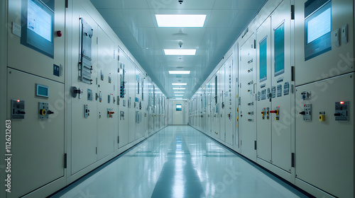 Long corridor lined with control panels in a high-tech facility at night