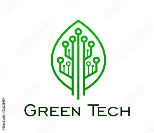 Green tech icon of leaf with chipset circuit for eco technology, vector emblem. Smart digital farm or green tech and digital innovation company sign of leaf with circuit board for biotechnology icon