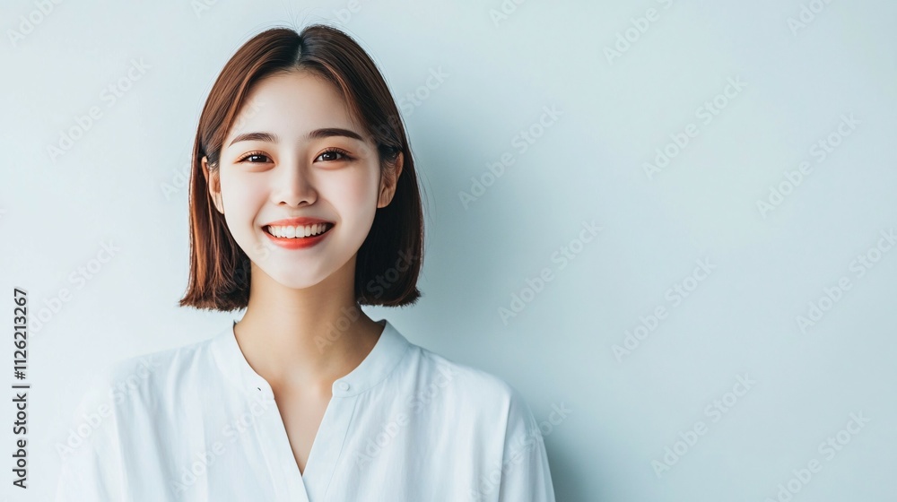 Young Woman Smiling Wearing White Shirt Against Light Blue Background