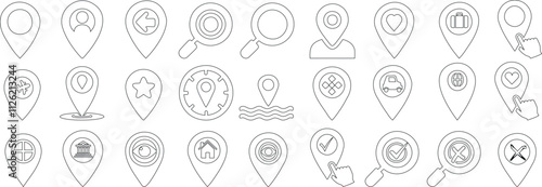 Location icon vector set, map pointer, navigation sign, and search symbols in a seamless line art collection. Perfect for maps, GPS tools, travel designs, and digital navigation interfaces