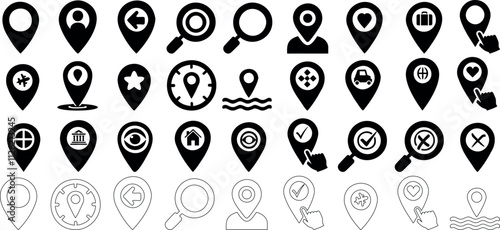Location icon set, navigation pointers, magnifying glass, search markers vector illustration, and map symbols in black for GPS, maps, and interface designs