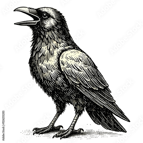 Vintage crow illustration, vintage crow illustration with hand-drawn sketch details, isolated on transparent background. Black and white PNG
