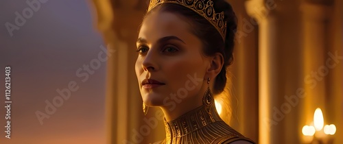 Oilpainting of Esther her regal yet humble face glowing with soft golden light a richly colored palace backdrop blending with a radiant dusk photo