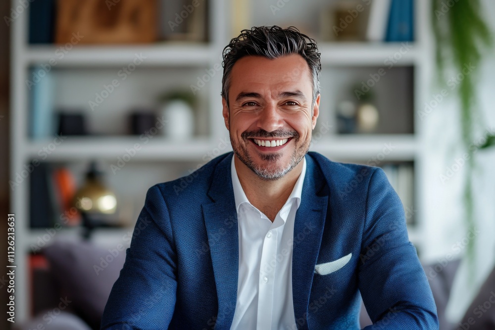 A man in a blue suit and white shirt is smiling A man in a blue suit and white shirt is smiling
