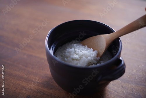 Rice cooked in an ogama photo