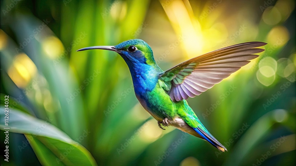 Obraz premium Blue-Crowned Hummingbird in Flight, Tropical Forest Bird, Green Winged Hummingbird, Vivid Nature Photography