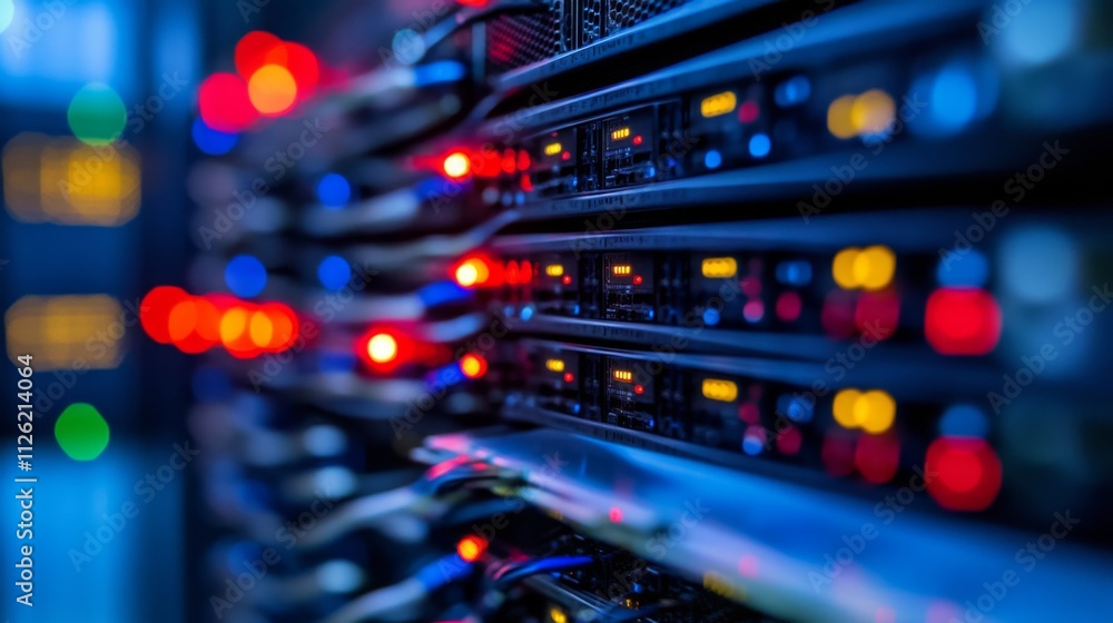Futuristic server rack with rows of connected servers, red and yellow lights, in blurred data center room. Futuristic server rack with rows of connected servers, red and yellow lights, in blurred data center room.
