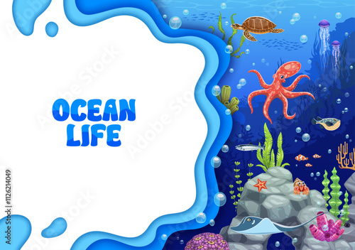 Ocean life paper cut banner with underwater landscape and sea animals, vector background. Undersea funny cartoon octopus with turtle and jellyfish, stingray and tropical fishes in paper cut underwater