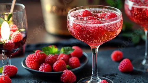 Refreshing raspberry cocktail in a glass with garnishes.