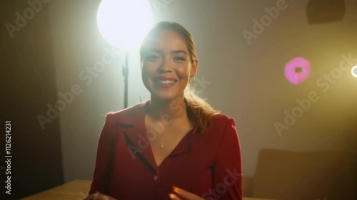  Cheerful woman in a red dress with soft lighting.