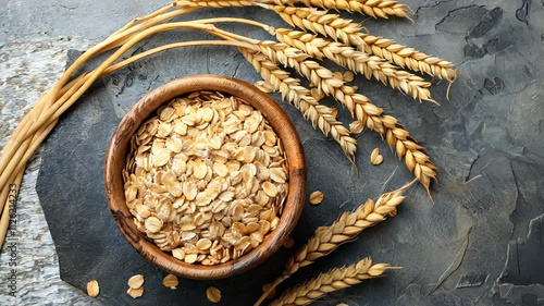 Rustic arrangement of oats and wheat on a dark background.