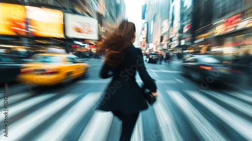 business woman hurry up and running in business city street for rush hour as motion blur