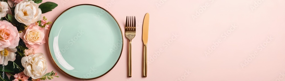 Elegant table setting with a pastel plate and cutlery beside fresh flowers on a soft background. Elegant table setting with a pastel plate and cutlery beside fresh flowers on a soft background.