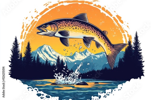 Jumping fish over mountain lake at sunset, wilderness adventure illustration photo