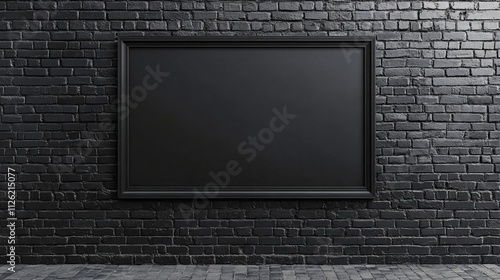 Wallpaper Mural brick work painted in black front aspect full wall with an empty poster frame in the middle Torontodigital.ca