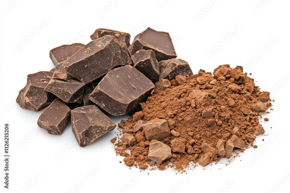 Chocolate blocks and cocoa powder displayed together on a white background for dessert preparation Chocolate blocks and cocoa powder displayed together on a white background for dessert preparation