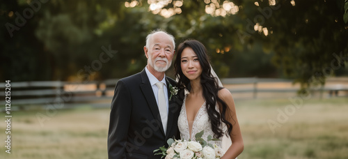 Beautiful bride standing beside her father in a serene outdoor setting at sunset, capturing a special moment during a wedding celebration photo