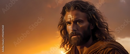 Oilpainting of John the Baptist his rugged features and wild hair contrasting with the warm sunset light that highlights his humble robes by the Jordan River photo