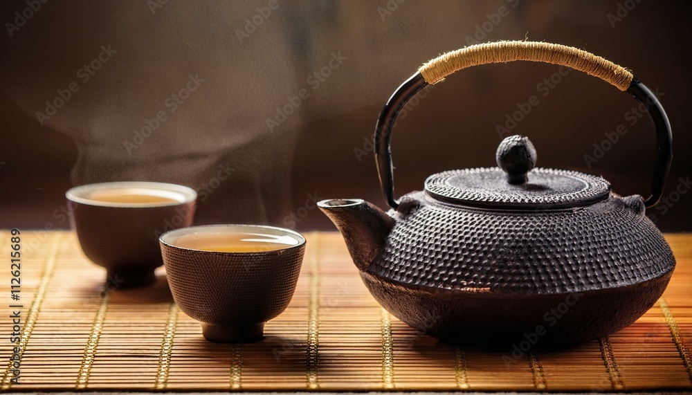 Generated image Japanese Tea - Hot Teapot And Teacups On Bamboo Mat Generated image Japanese Tea - Hot Teapot And Teacups On Bamboo Mat
