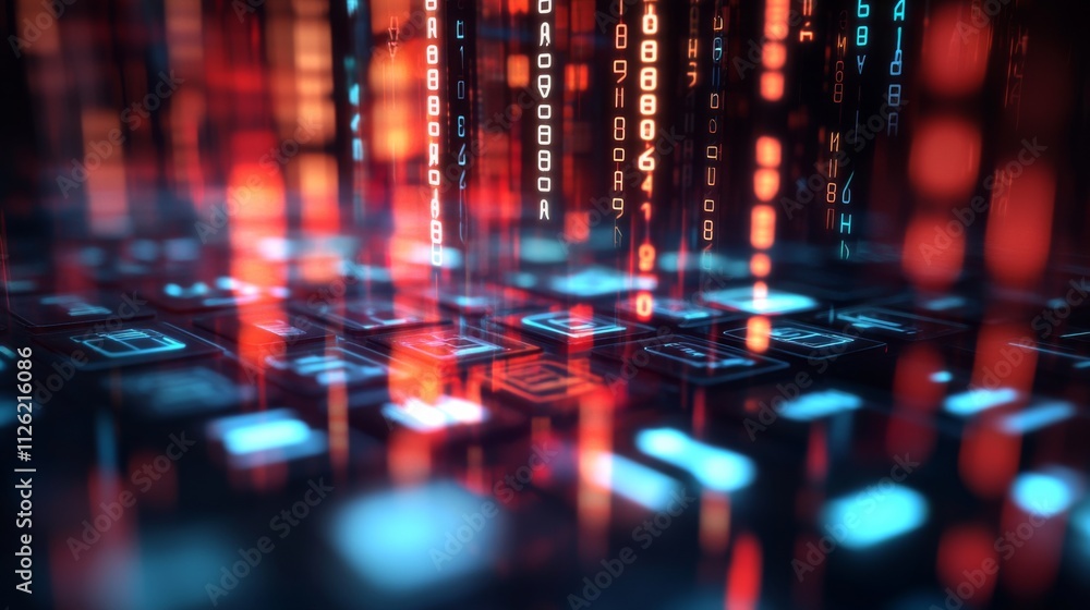 Fototapeta premium Futuristic Computer Keyboard Close-Up with Grid Pattern, Red and Blue Lights in Dark Background - Technological Concept