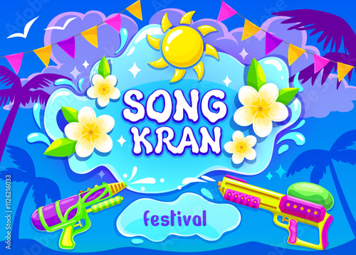 Songkran Thailand festival, cartoon vibrant vector poster featuring water guns, sun, tropical flowers, palm trees and festive flag garland, capturing the essence of joyful cultural Thai Songkran event