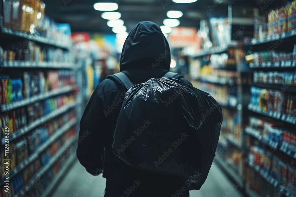 Individual wearing a hoodie and carrying a bag moves through a store aisle during theft incident Individual wearing a hoodie and carrying a bag moves through a store aisle during theft incident