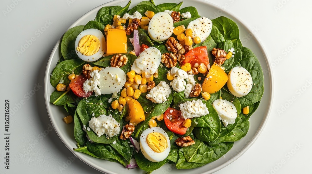 Fresh spinach salad with boiled eggs, tomatoes, corn, cheese, walnuts and peach slices Fresh spinach salad with boiled eggs, tomatoes, corn, cheese, walnuts and peach slices
