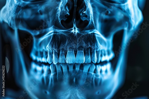 The X-ray displays a human skull with prominent teeth and intricate cranial details, emphasizing the skeletal structure in vivid contrast against the background.