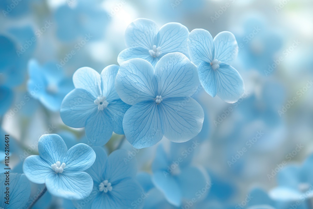 Delicate light blue hydrangea flowers blooming in soft sunlight Delicate light blue hydrangea flowers blooming in soft sunlight