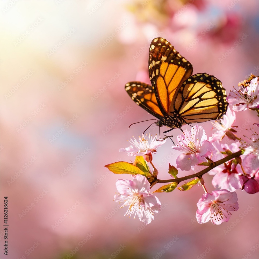 Generated image Banner or greeting card with copy space, fluttering butterfly and pink cherry or sakura blossing Generated image Banner or greeting card with copy space, fluttering butterfly and pink cherry or sakura blossing