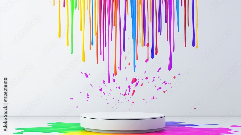 White pedestal with colorful paint splatters on it. The splatters are in various colors, creating a vibrant and lively atmosphere. Concept of creativity and artistic expression