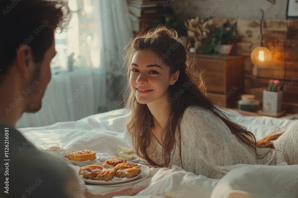 Father surprising slim beautiful young woman with breakfast in bed, Mother's Day celebration, romantic gesture, half-body shot, cozy bedroom, natural light. Father surprising slim beautiful young woman with breakfast in bed, Mother's Day celebration, romantic gesture, half-body shot, cozy bedroom, natural light.