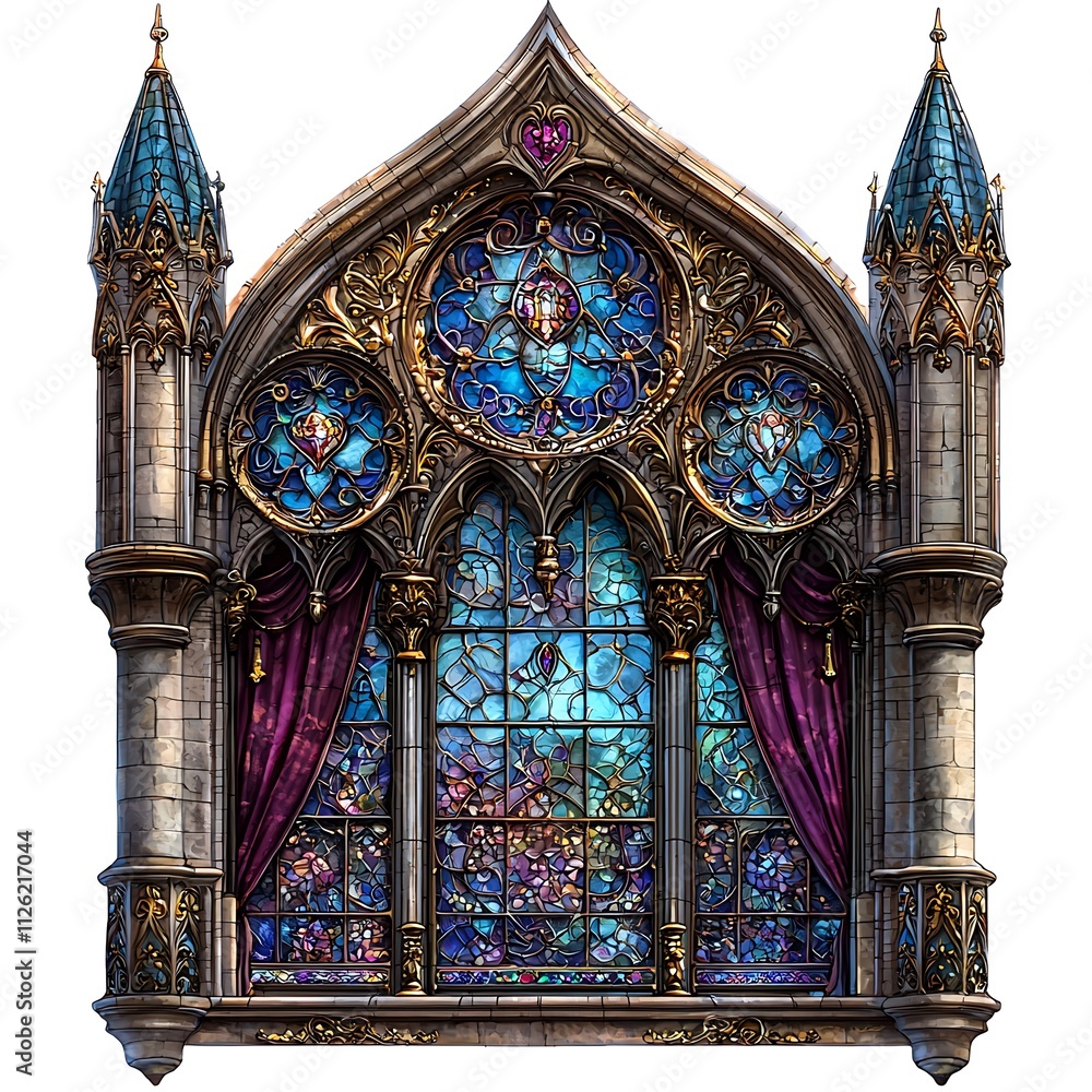Ornate Gothic Stained Glass Window with Turrets and Drapes. Ornate Gothic Stained Glass Window with Turrets and Drapes.