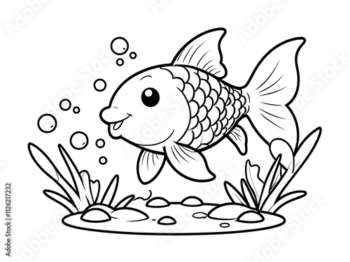 Adorable Goldfish Coloring Page: A Happy Fish in its Underwater Habitat photo