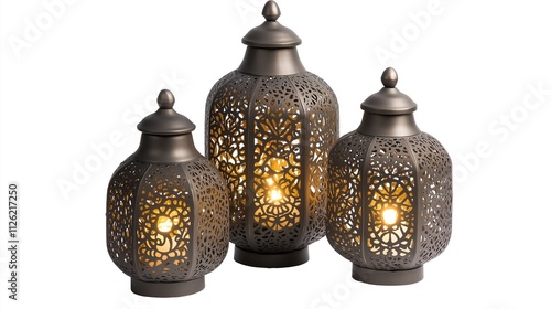 Three lanterns with intricate cutwork patterns, each in different sizes and shapes, isolated on a white background, product photography photo